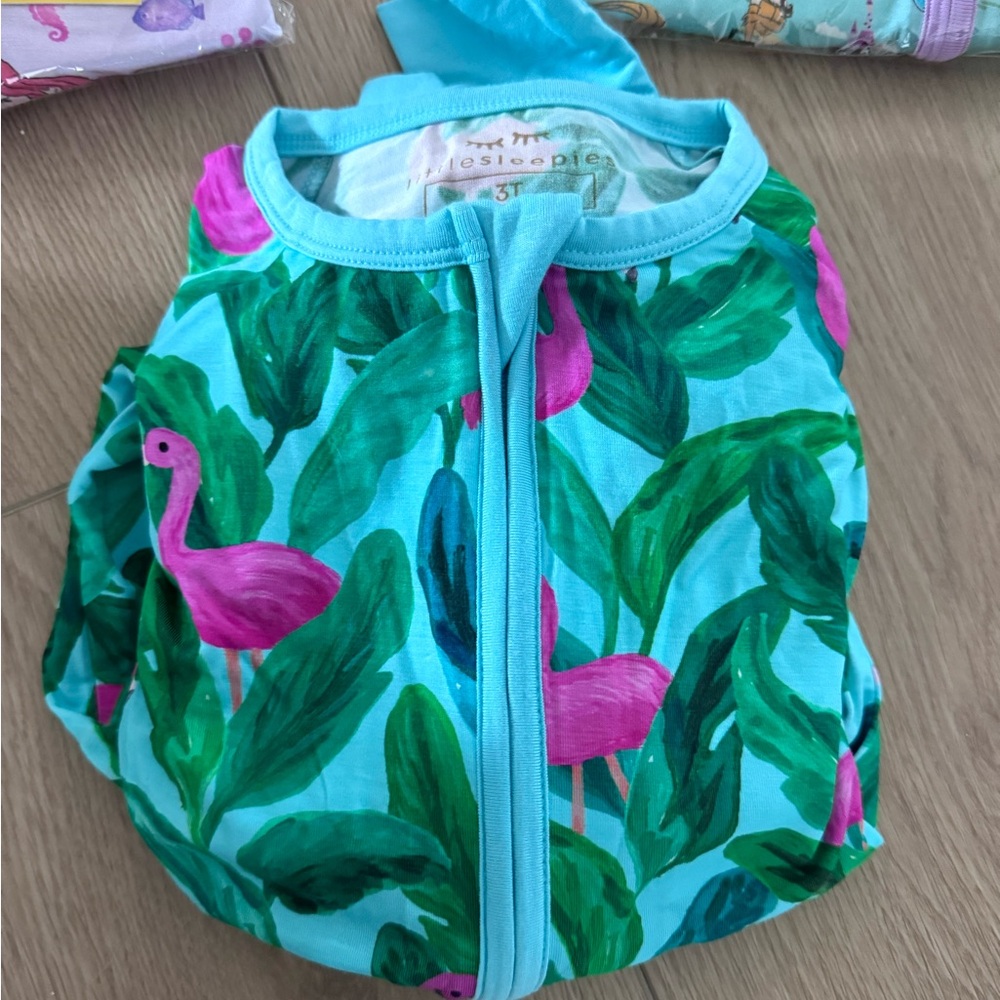 Little Sleepies Teal Flamingo Print Pajamas - Pink & Green